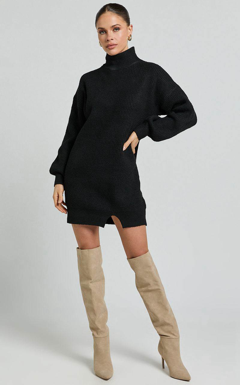 Showpo Tianna Mini Dress - Knitted Side Split Jumper Dress Black | JHXYIB071