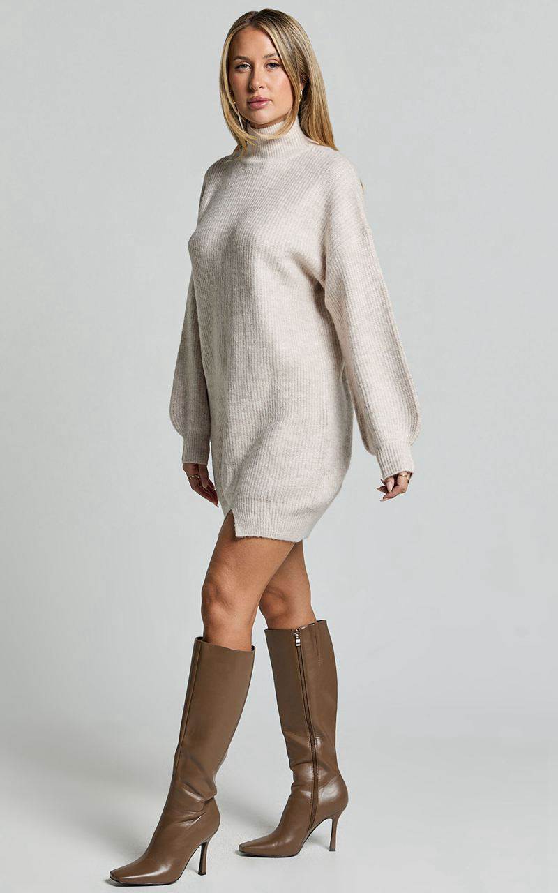 Showpo Tianna Mini Dress - Knitted Side Split Jumper Dress Beige Marl | PRANTZ651