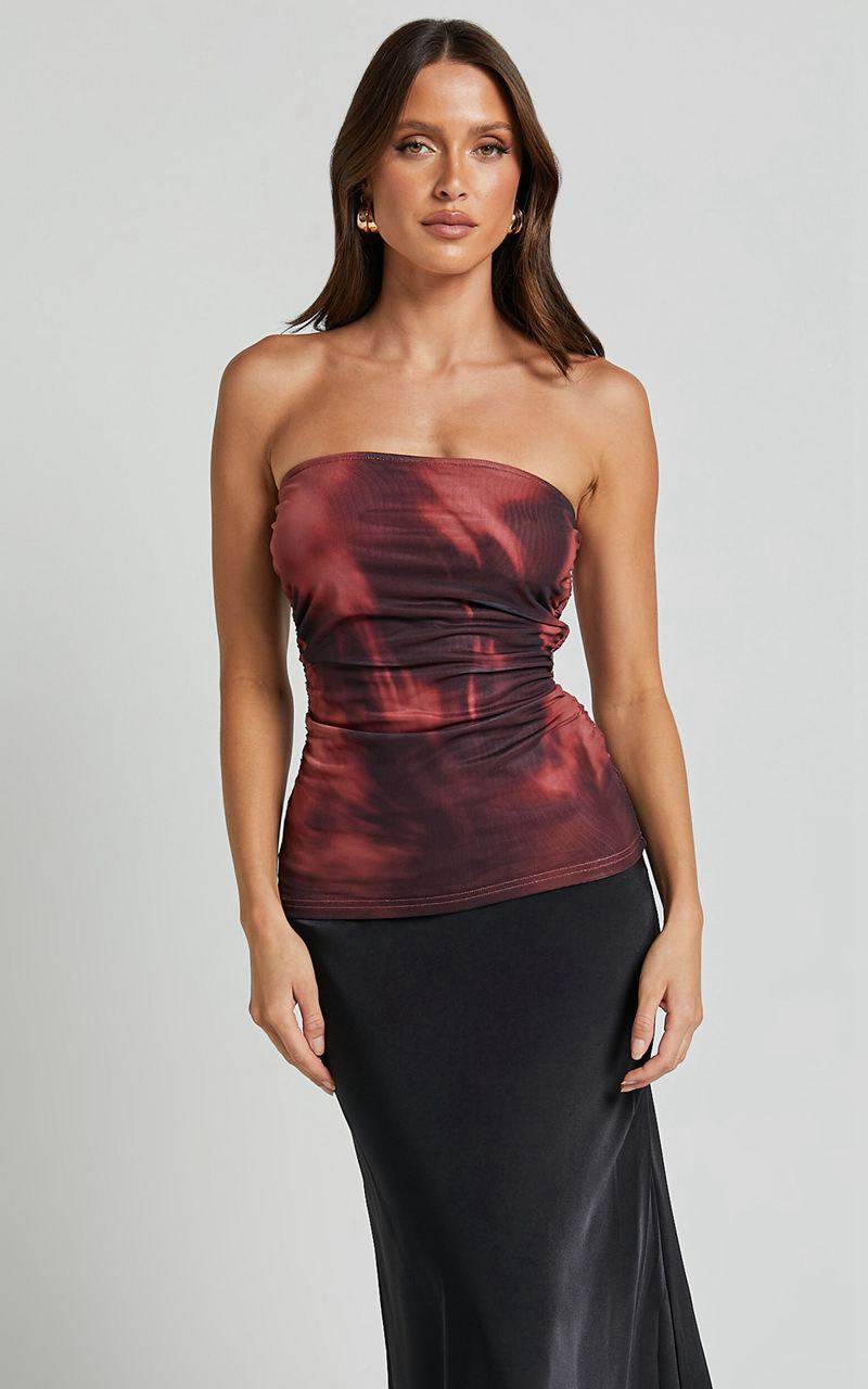 Showpo Tianna Top - Strapless Sheer Mesh Top Red Blur | JCYXVZ504