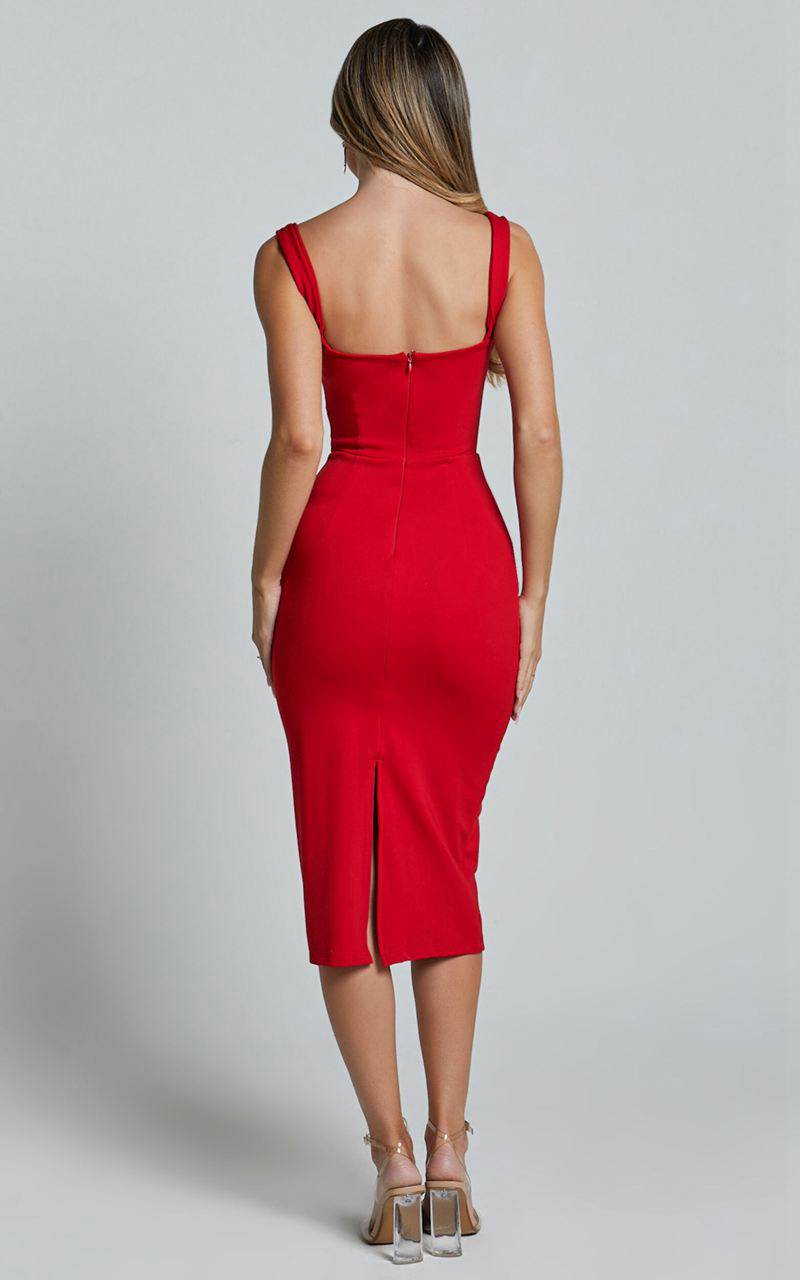 Showpo Tiffy Midi Dress - Square Neck Ruched Bodycon Dress Scarlet | YLTBDX142