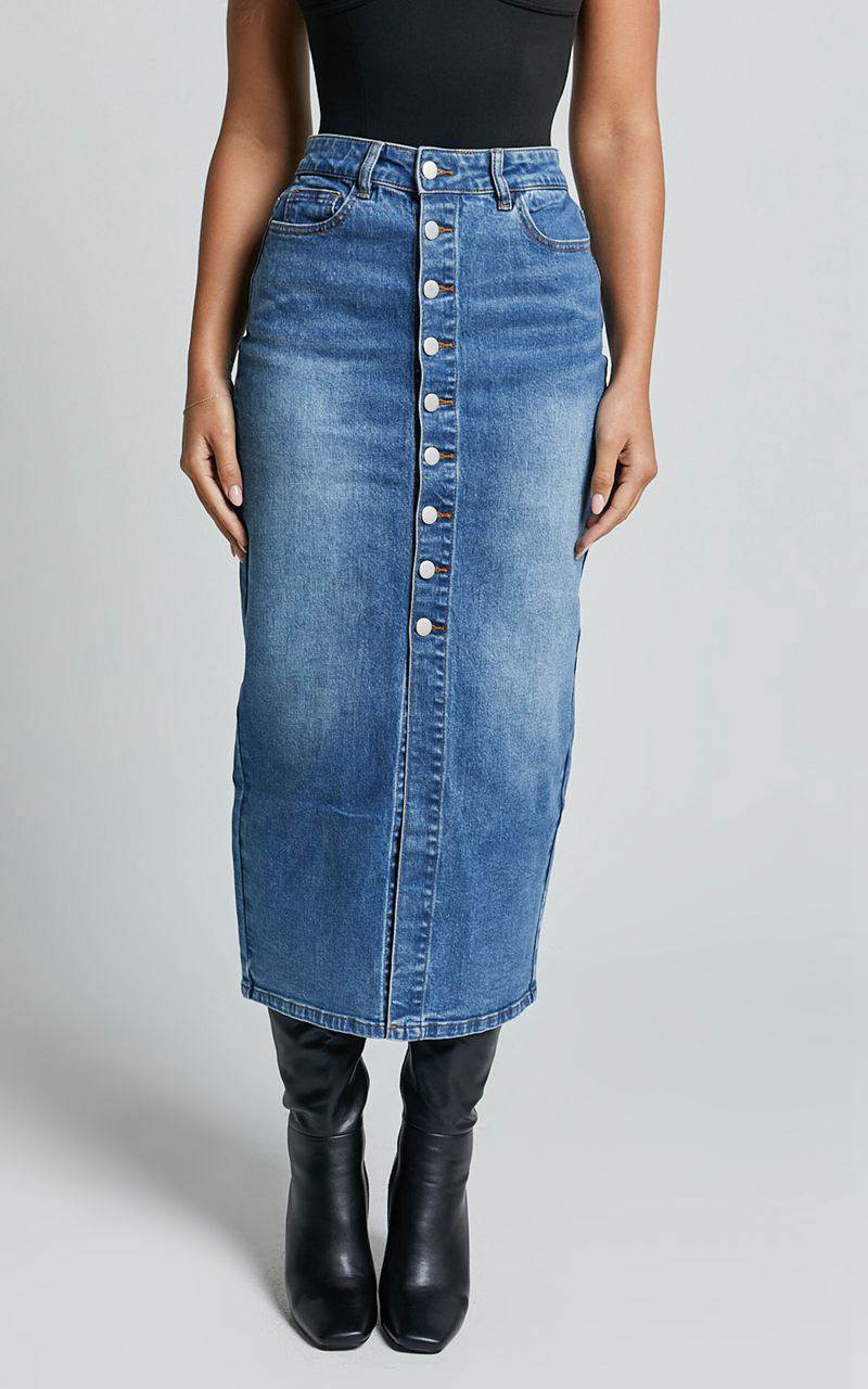 Showpo Tina Midi Skirt - High Waist Button Through Recycled Denim Skirt Mid Blue Wash | CTHAGP867