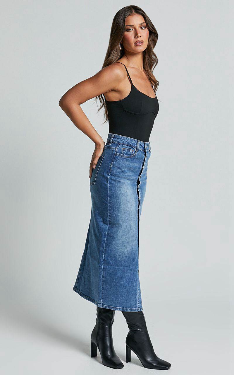 Showpo Tina Midi Skirt - High Waist Button Through Recycled Denim Skirt Mid Blue Wash | CTHAGP867