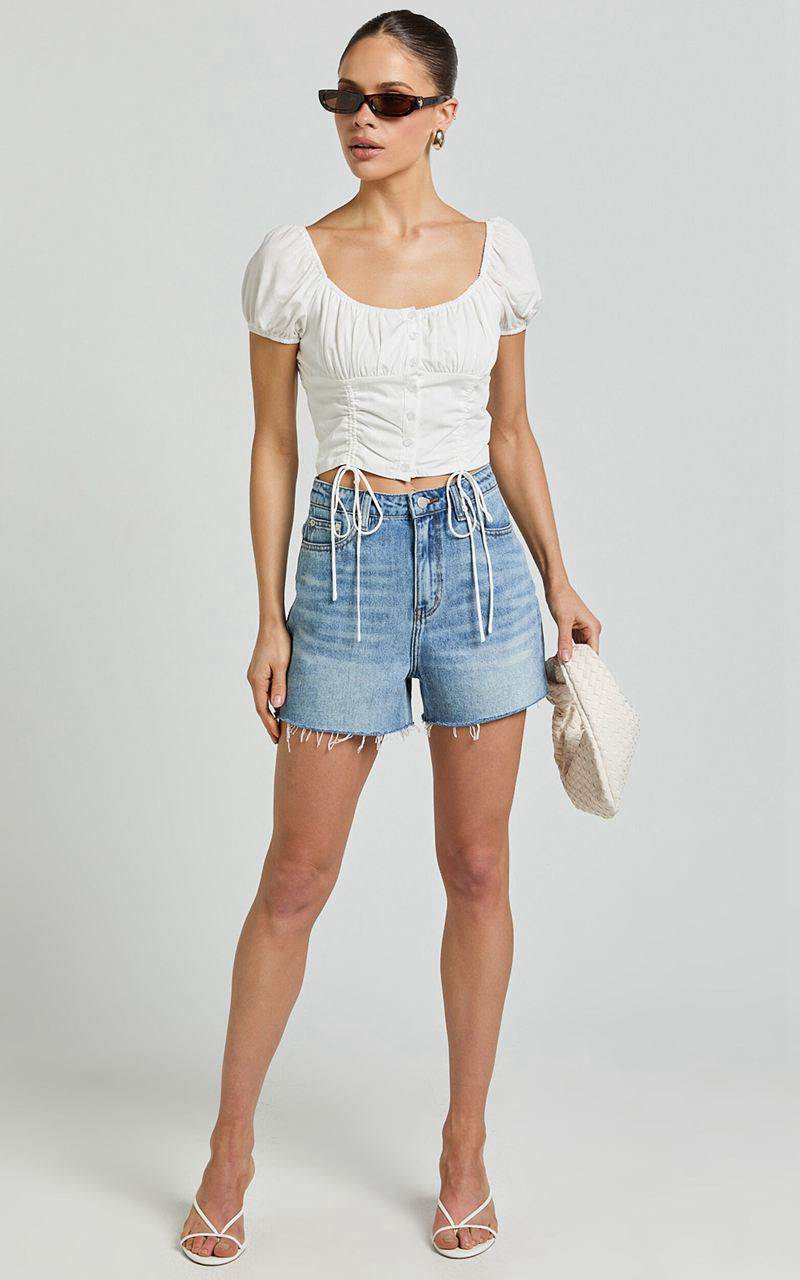 Showpo Tisdale Shorts - High Waist Frayed Hem Recycled Denim Mom Shorts Mid Blue Wash | ILVTHQ712