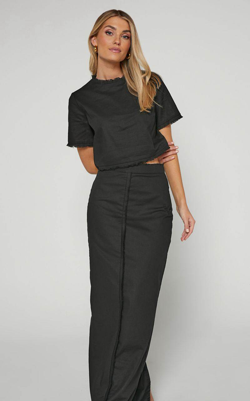 Showpo Tisdale Two Piece Set - Linen Look Scoop Neck Short Sleeve Cropped Top And Maxi Skirt Black | JQVMTP081