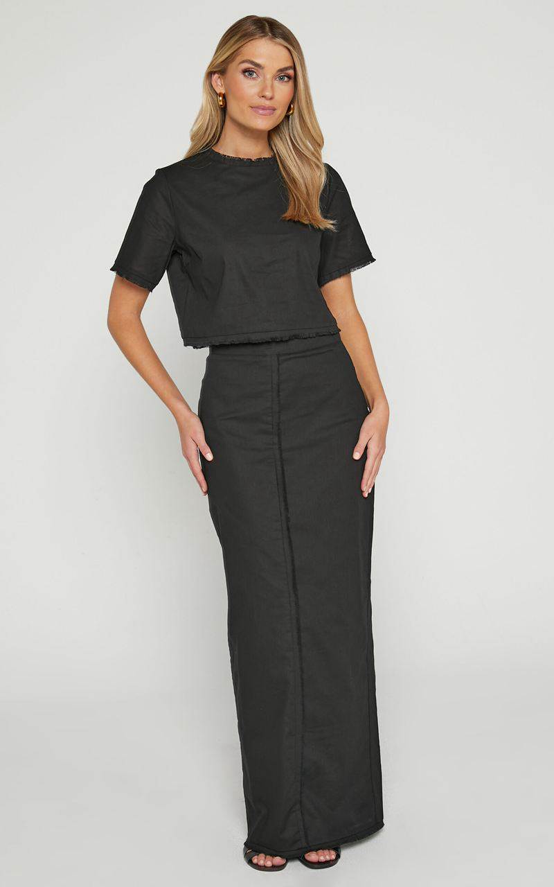 Showpo Tisdale Two Piece Set - Linen Look Scoop Neck Short Sleeve Cropped Top And Maxi Skirt Black | JQVMTP081