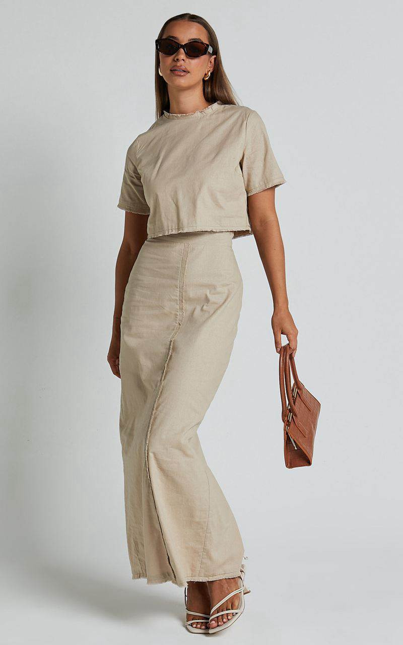 Showpo Tisdale Two Piece Set - Linen Look Scoop Neck Short Sleeve Cropped Top And Maxi Skirt Sand | PGCQBL576