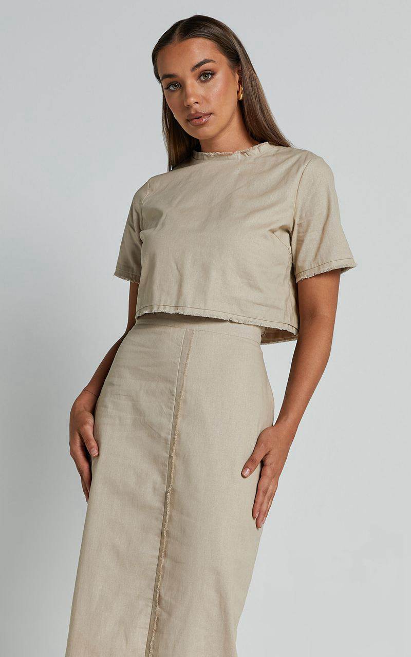 Showpo Tisdale Two Piece Set - Linen Look Scoop Neck Short Sleeve Cropped Top And Maxi Skirt Sand | PGCQBL576