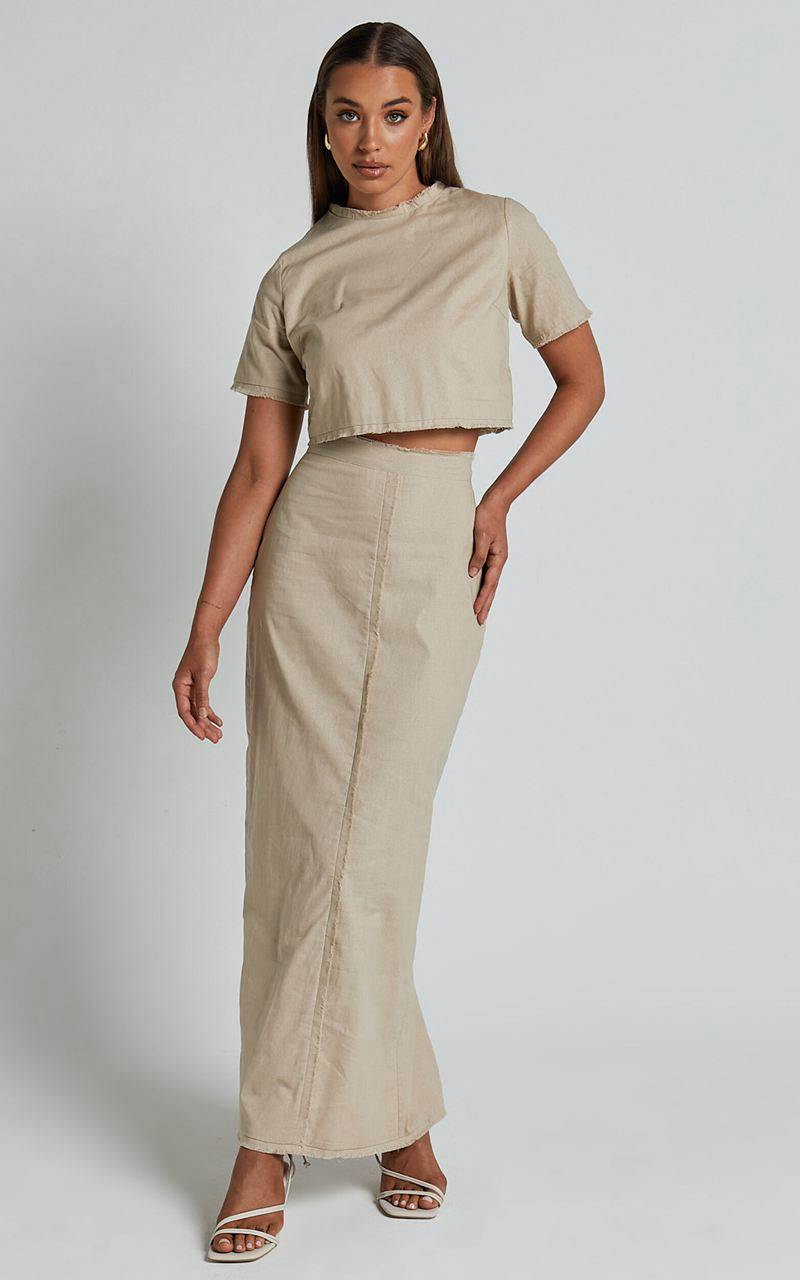 Showpo Tisdale Two Piece Set - Linen Look Scoop Neck Short Sleeve Cropped Top And Maxi Skirt Sand | PGCQBL576