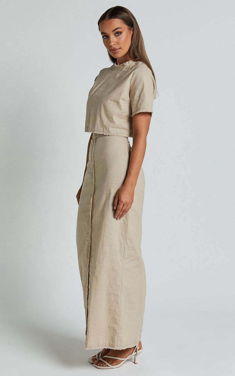 Showpo Tisdale Two Piece Set - Linen Look Scoop Neck Short Sleeve Cropped Top And Maxi Skirt Sand | PGCQBL576