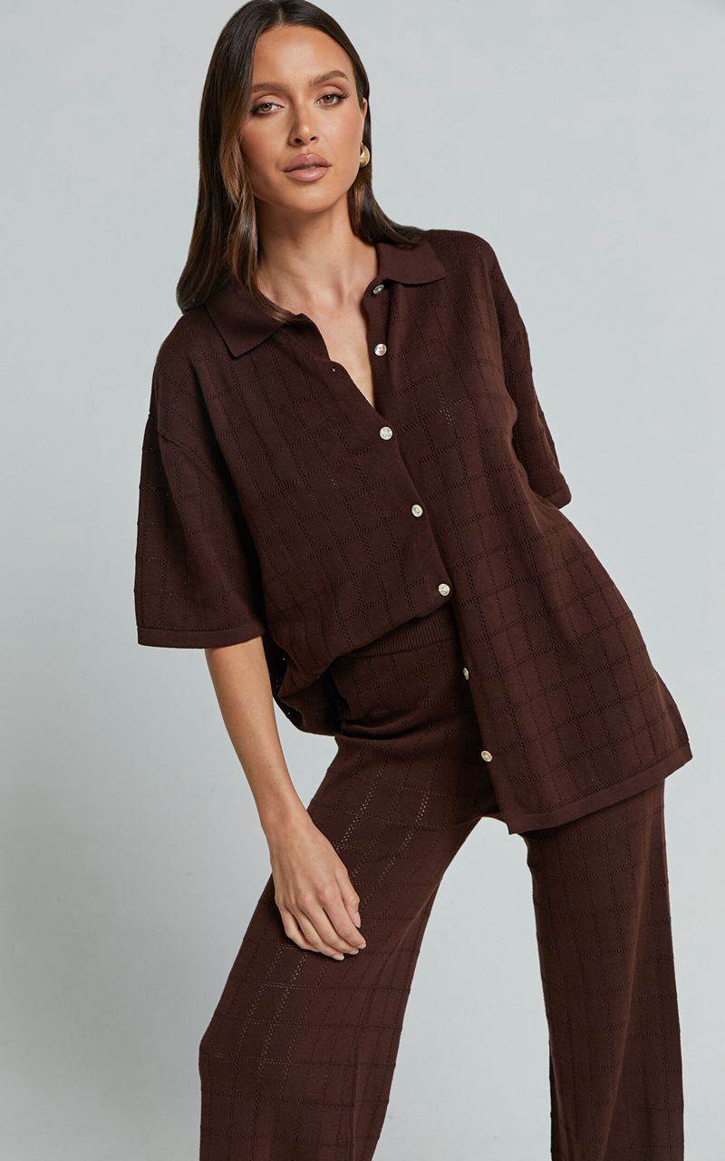 Showpo Tommy Two Piece Set - Knit Button Through Top And Pants Two Piece Set Chocolate | MCWXQP428