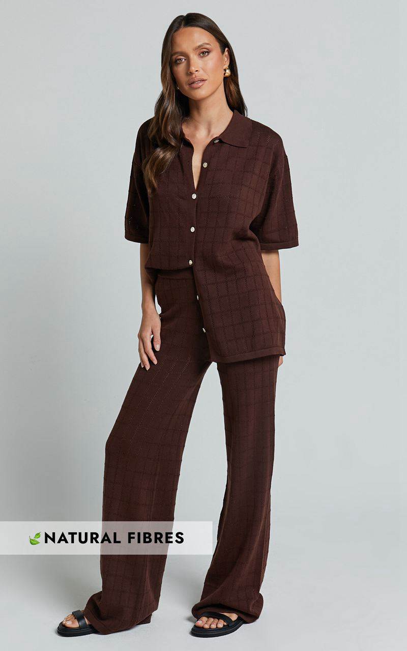 Showpo Tommy Two Piece Set - Knit Button Through Top And Pants Two Piece Set Chocolate | MCWXQP428