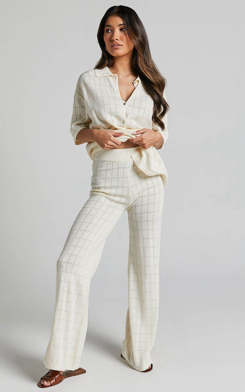 Showpo Tommy Two Piece Set - Knit Button Through Top And Pants Two Piece Set Cream | JULWZY615