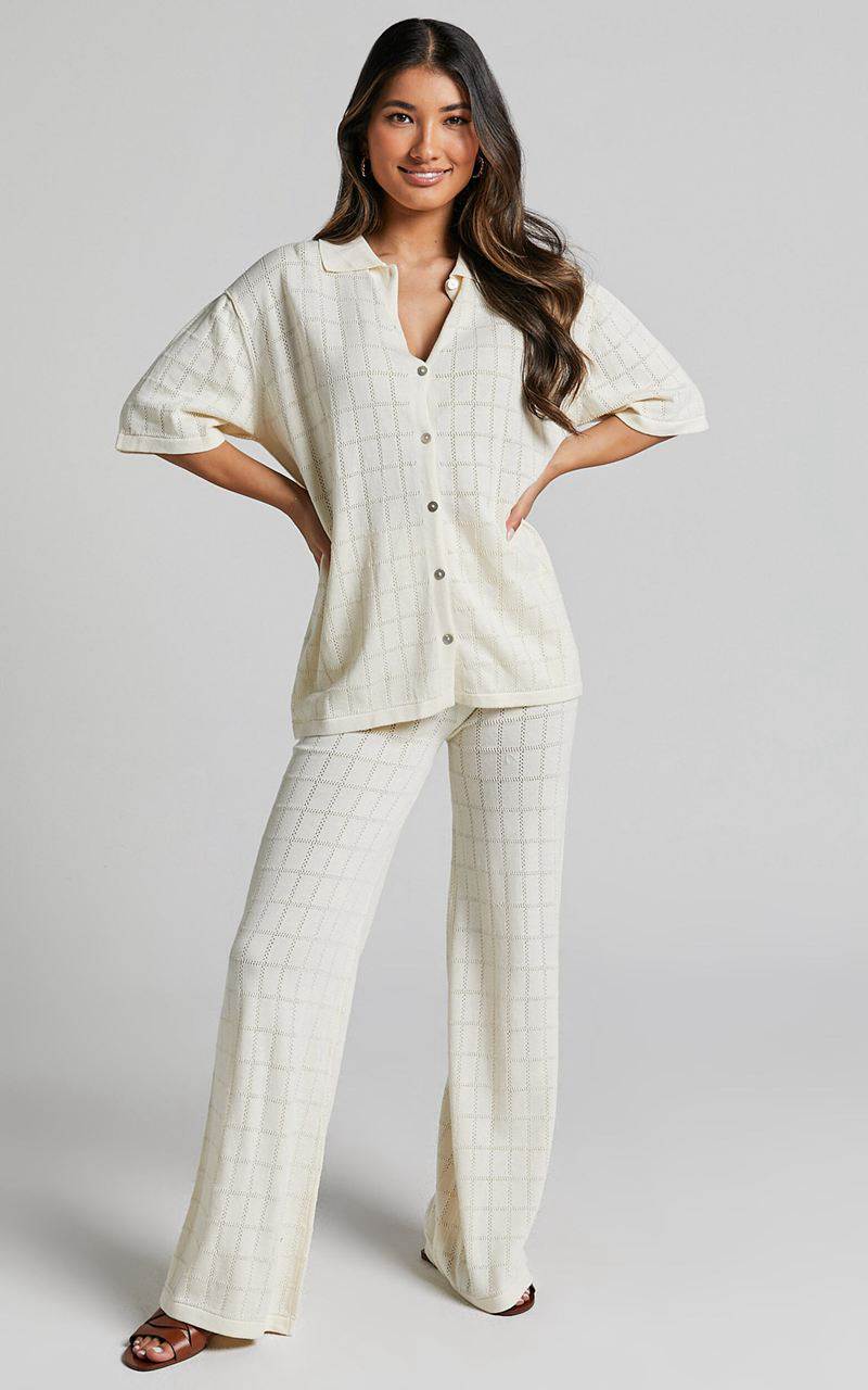 Showpo Tommy Two Piece Set - Knit Button Through Top And Pants Two Piece Set Cream | JULWZY615