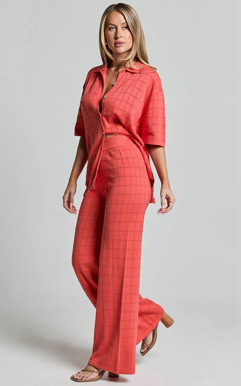 Showpo Tommy Two Piece Set - Knit Button Through Top And Pants Two Piece Set Coral | OQUVIM847