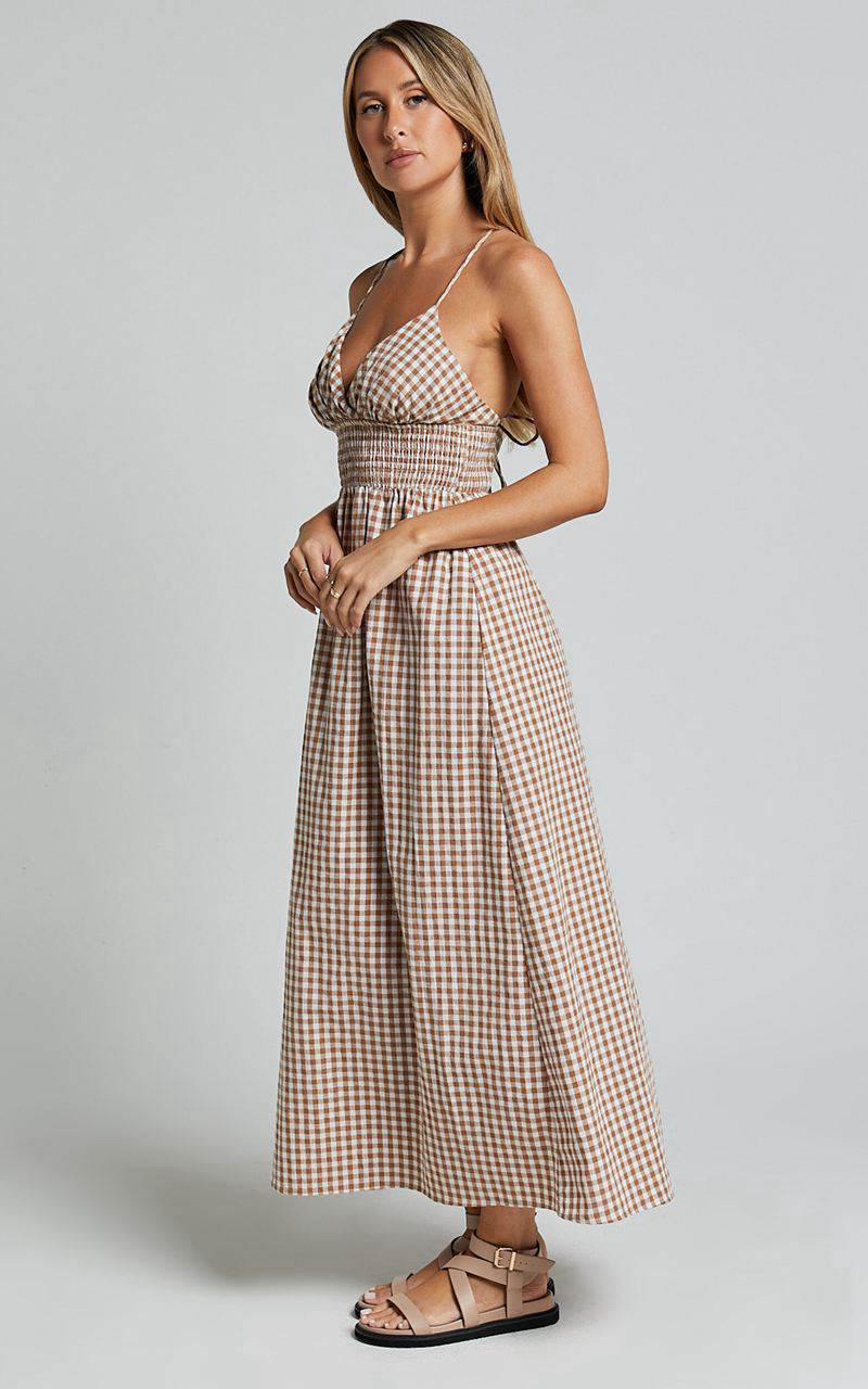 Showpo Toni Midi Dress - Strappy Gingham Dress Caramel And White Gingham | VXQJPG932