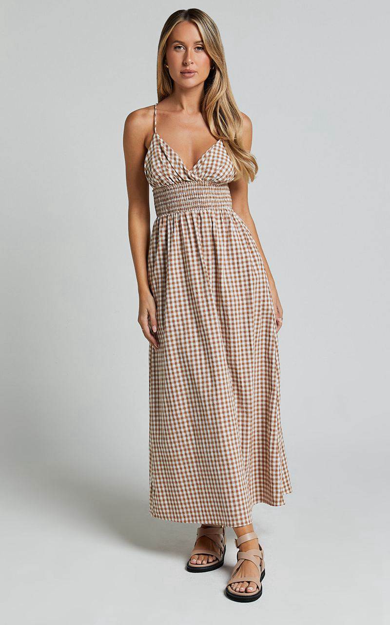 Showpo Toni Midi Dress - Strappy Gingham Dress Caramel And White Gingham | VXQJPG932