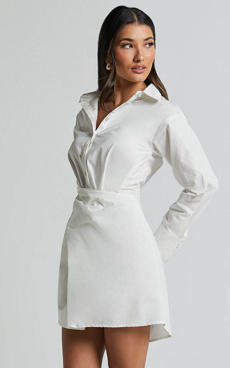 Showpo Tonja Mini Dress - Long Sleeve Wrap Shirt Dress Ivory | QKITMH246