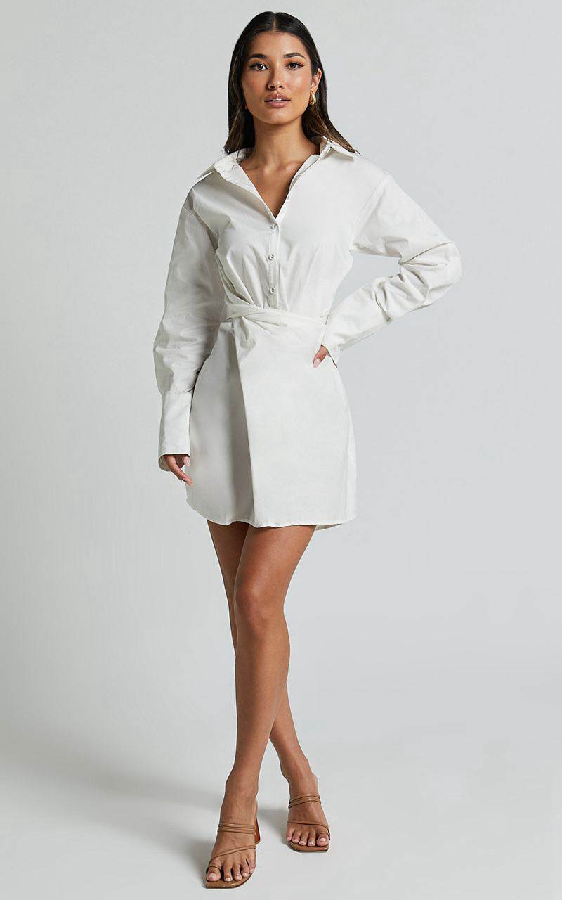 Showpo Tonja Mini Dress - Long Sleeve Wrap Shirt Dress Ivory | QKITMH246