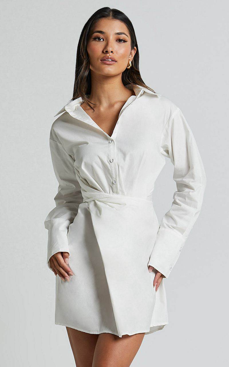 Showpo Tonja Mini Dress - Long Sleeve Wrap Shirt Dress Ivory | QKITMH246