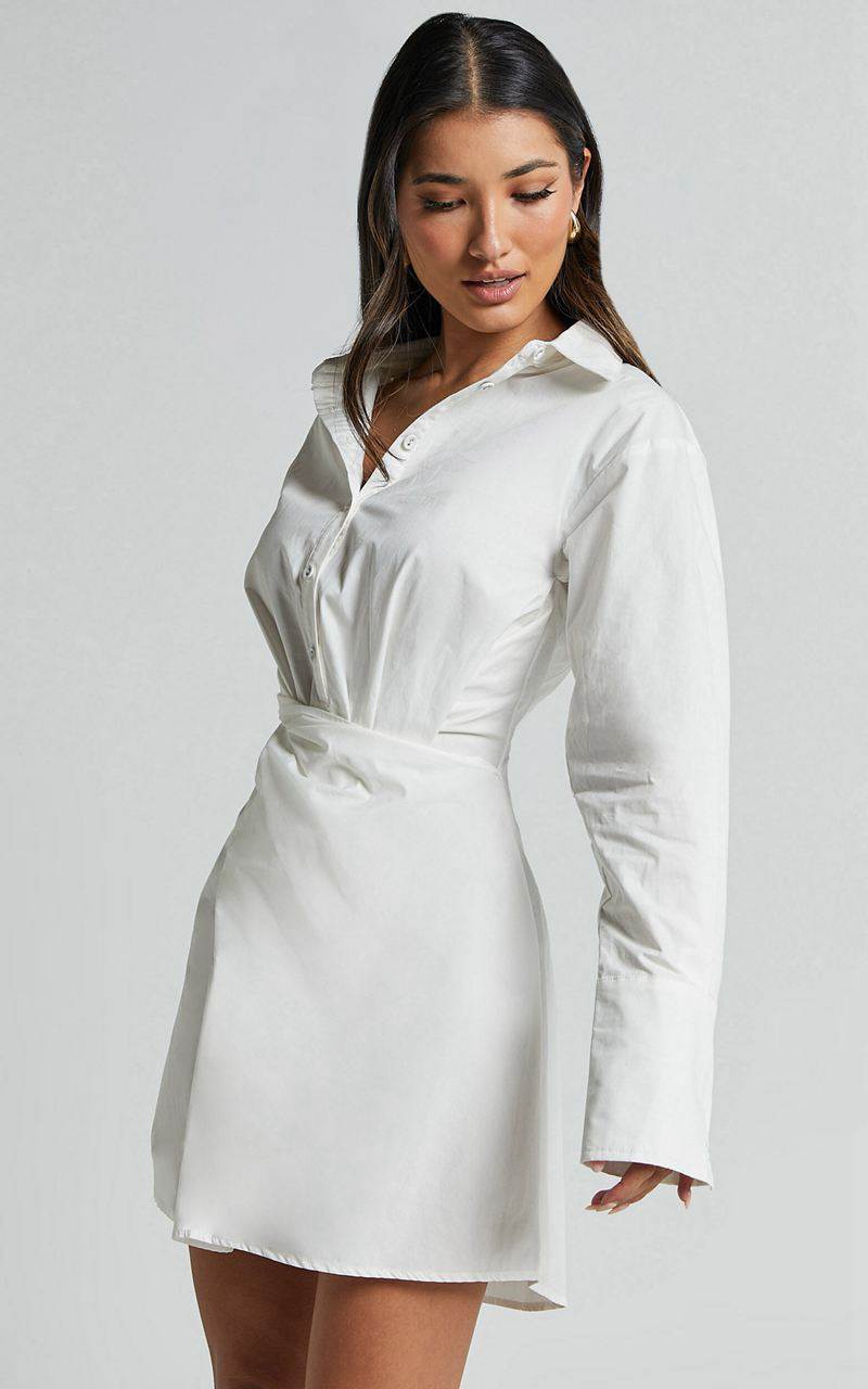 Showpo Tonja Mini Dress - Long Sleeve Wrap Shirt Dress Ivory | QKITMH246