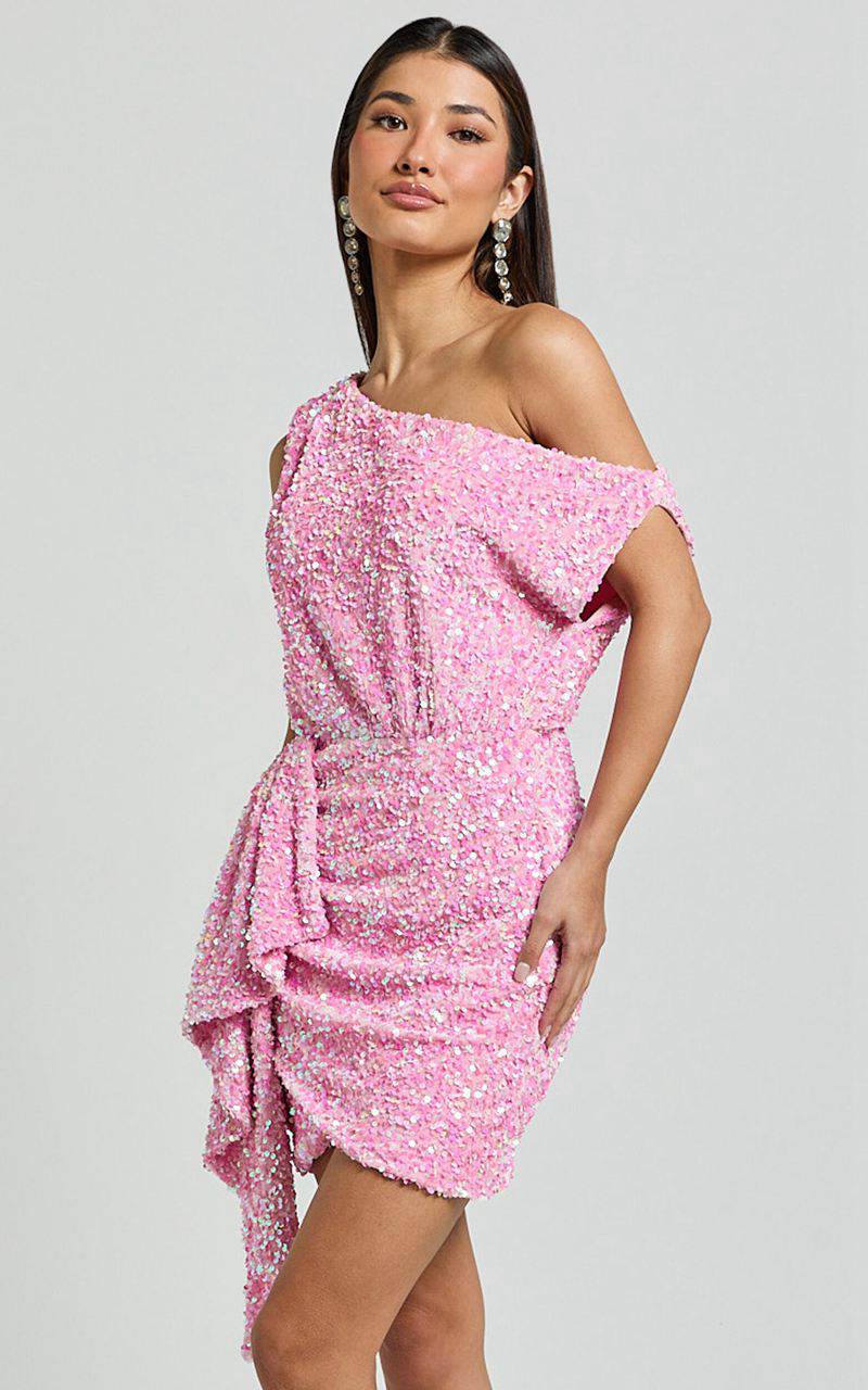 Showpo Tonya Mini Dress - Sequin Drape One Shoulder Dress Pink | PQBUEW935