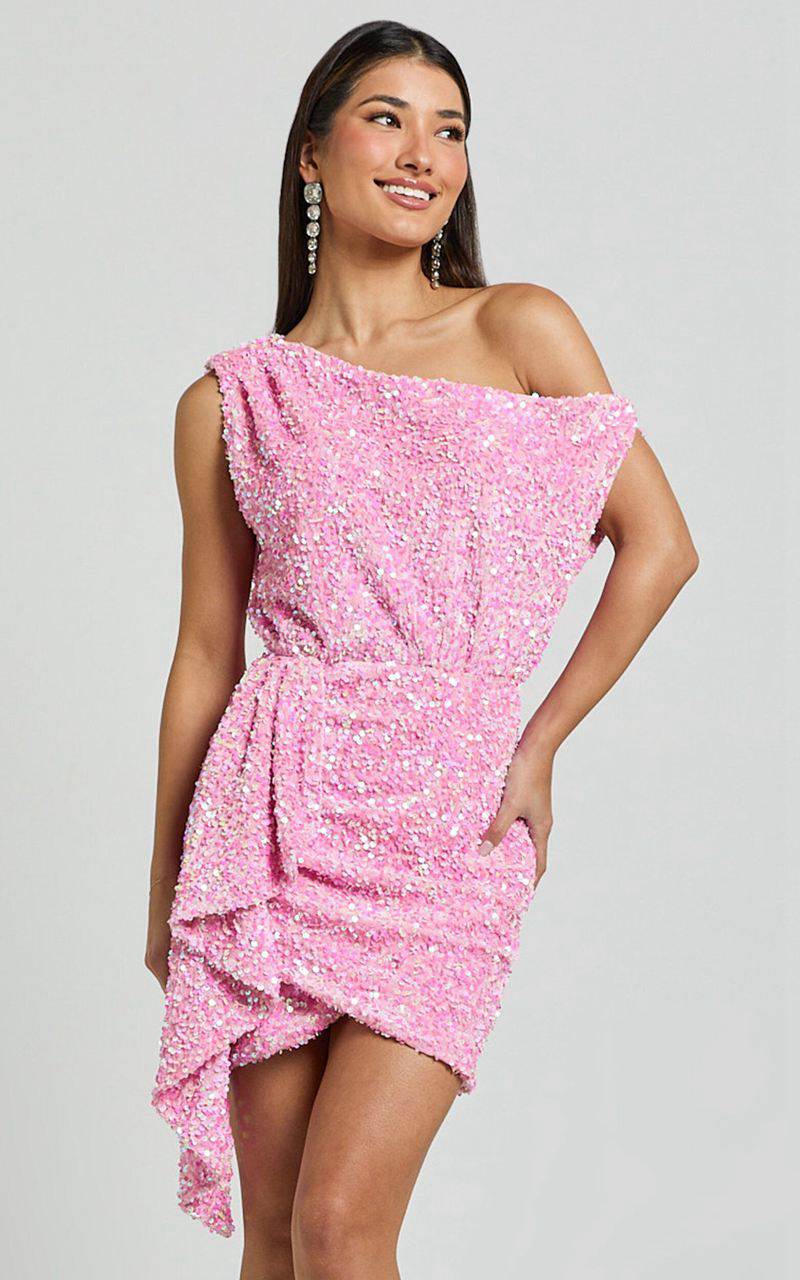 Showpo Tonya Mini Dress - Sequin Drape One Shoulder Dress Pink | PQBUEW935