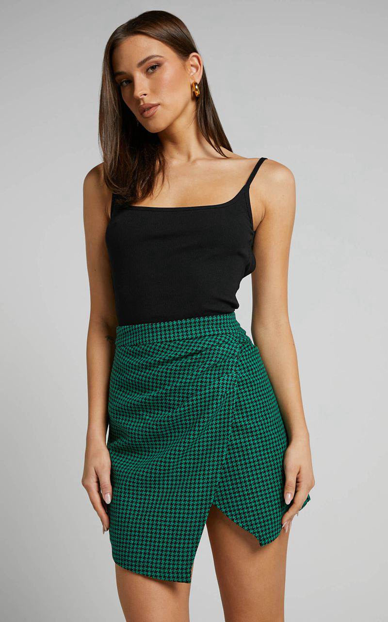 Showpo Toula Mini Skirt - Thigh Split High Waisted Skirt Green And Black | ZIXUJR492