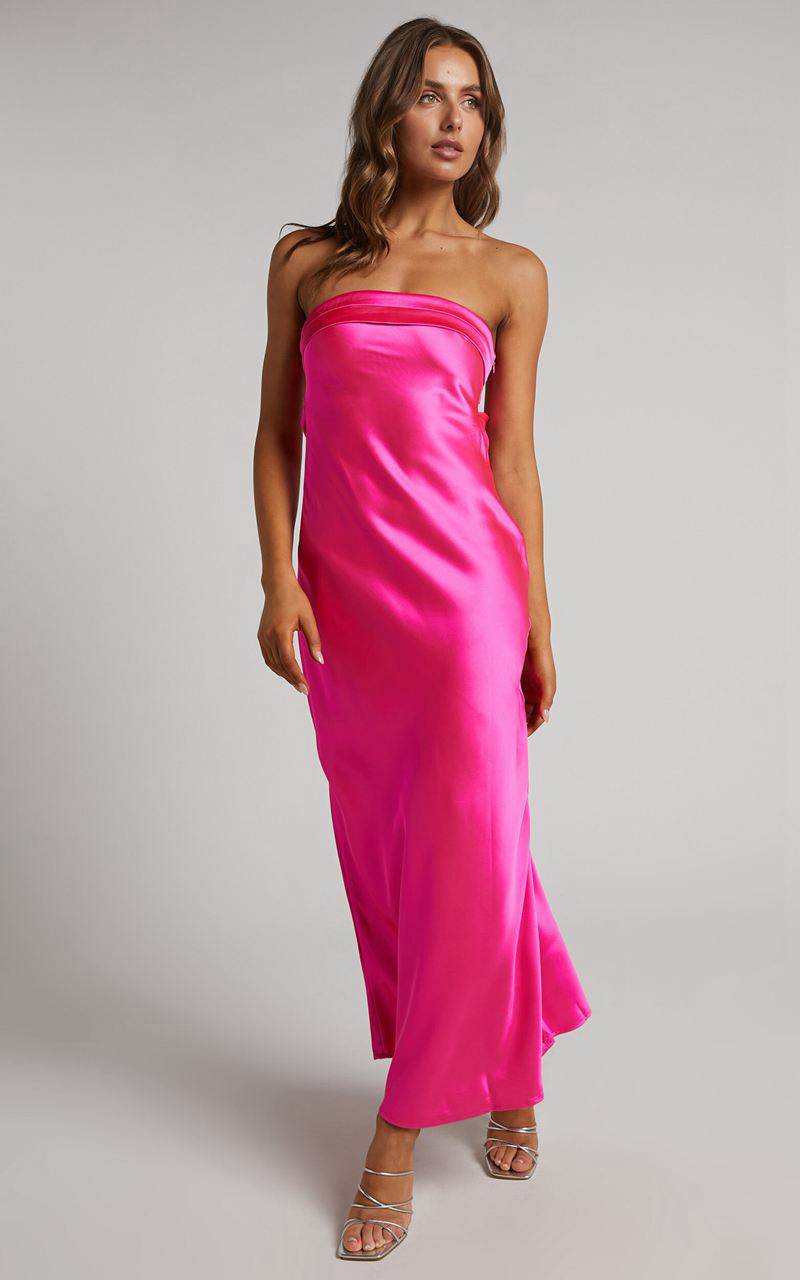 Showpo Tracey Maxi Dress - Strapless Back Drape Satin Dress Pink | TBEOJA905