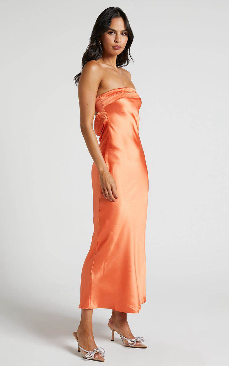 Showpo Tracey Maxi Dress - Strapless Back Drape Satin Dress Ochre | URPQKF629