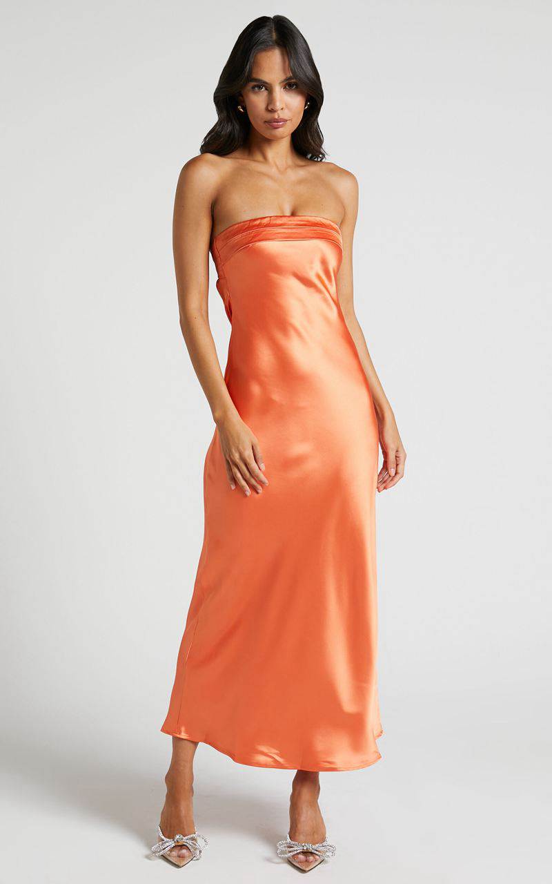 Showpo Tracey Maxi Dress - Strapless Back Drape Satin Dress Ochre | URPQKF629