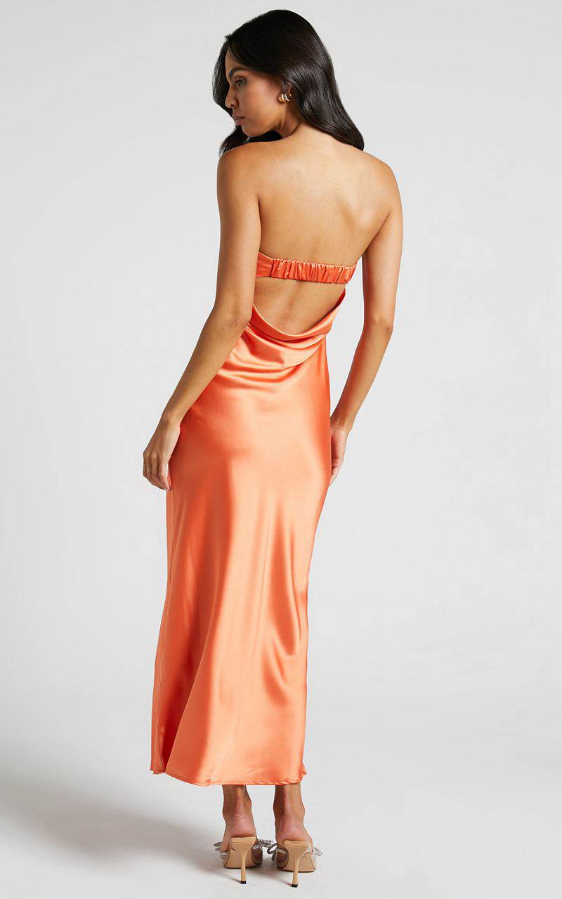 Showpo Tracey Maxi Dress - Strapless Back Drape Satin Dress Ochre | URPQKF629