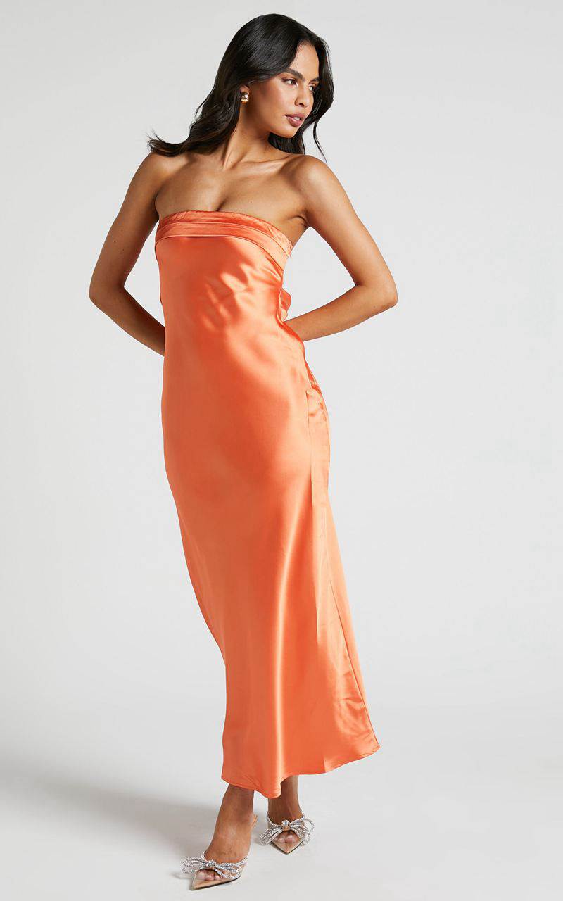 Showpo Tracey Maxi Dress - Strapless Back Drape Satin Dress Ochre | URPQKF629