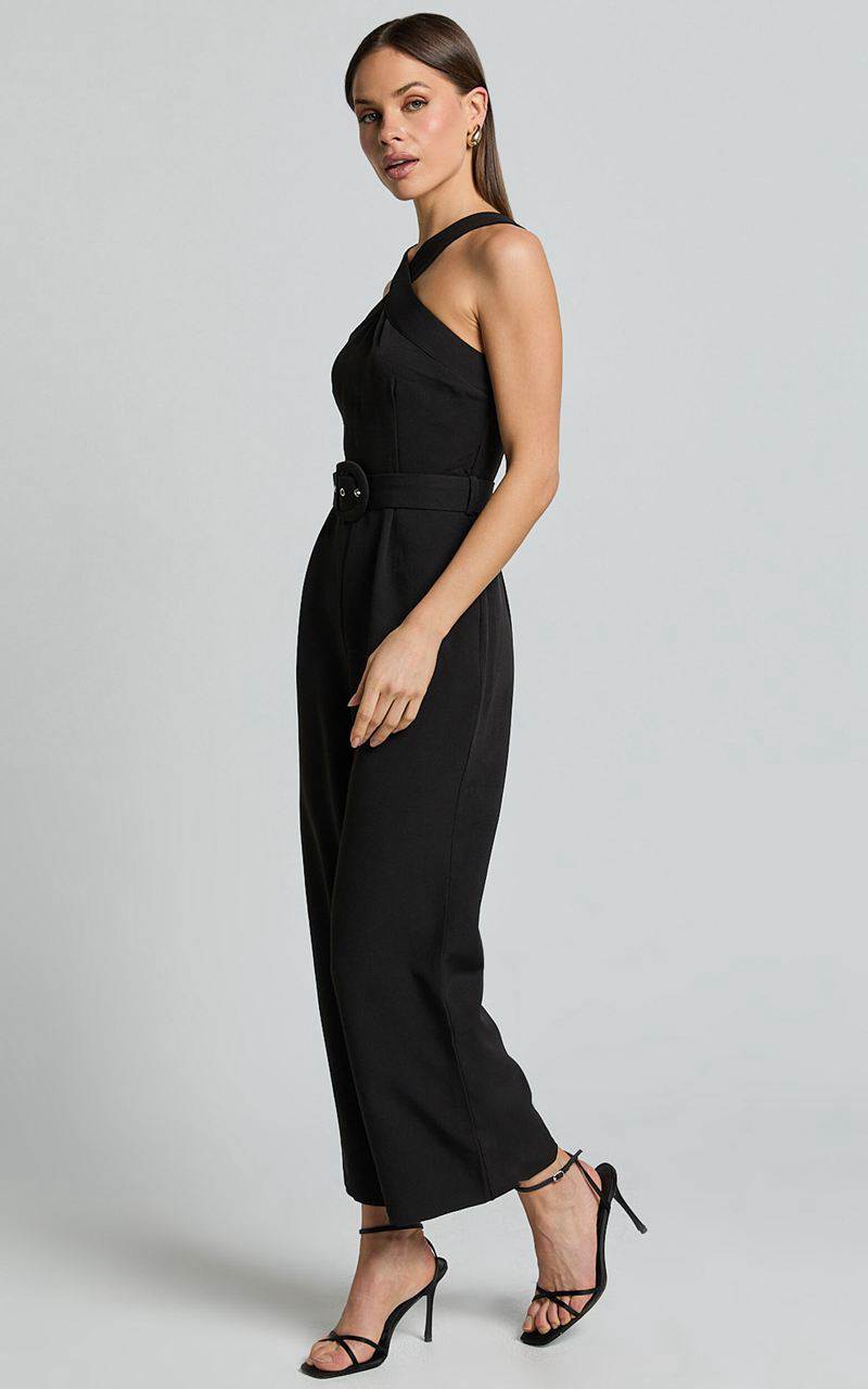 Showpo Tracy Jumpsuit - Diamond Neck Belted Straight Leg Jumpsuit Black | AMQKER247