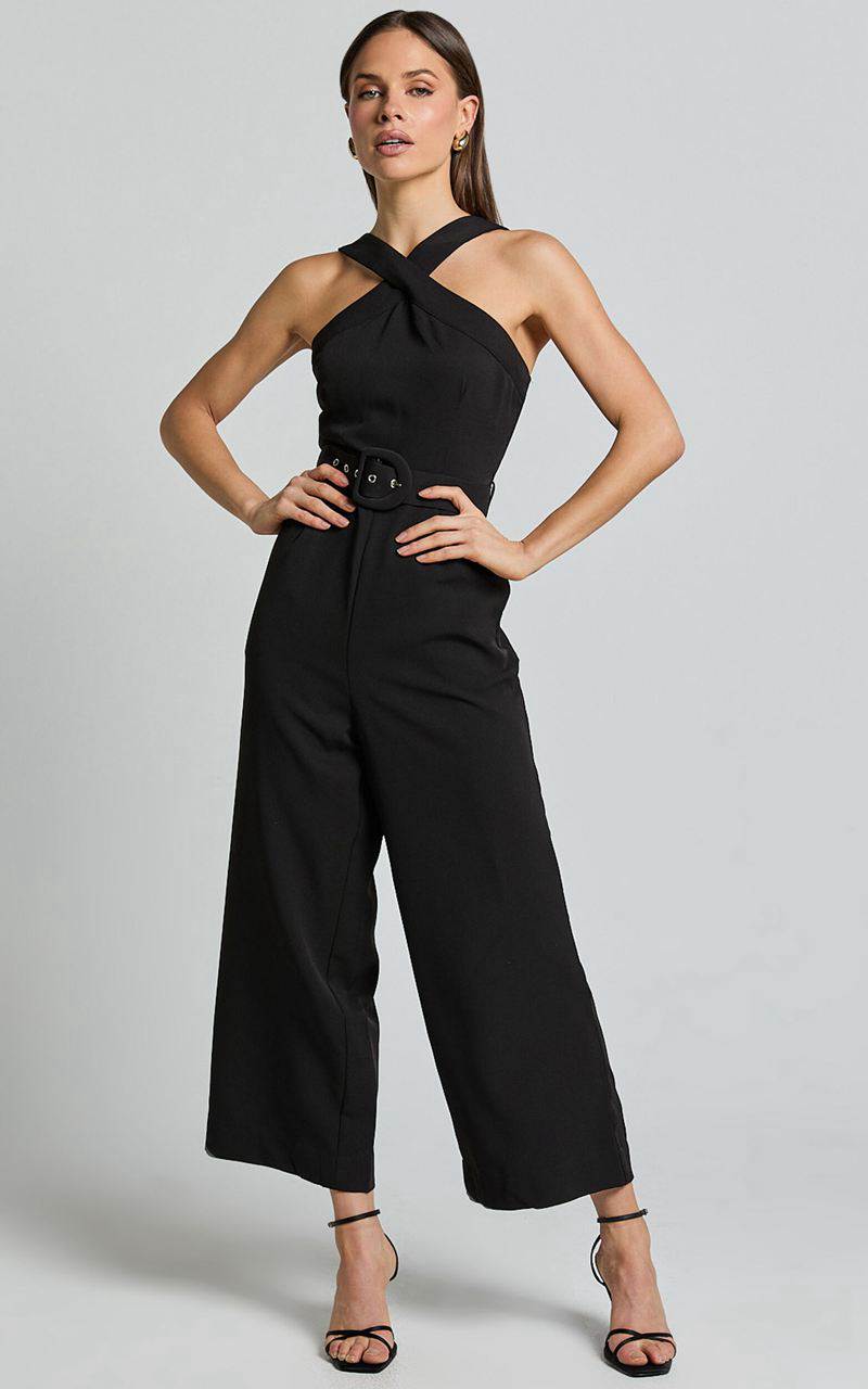 Showpo Tracy Jumpsuit - Diamond Neck Belted Straight Leg Jumpsuit Black | AMQKER247