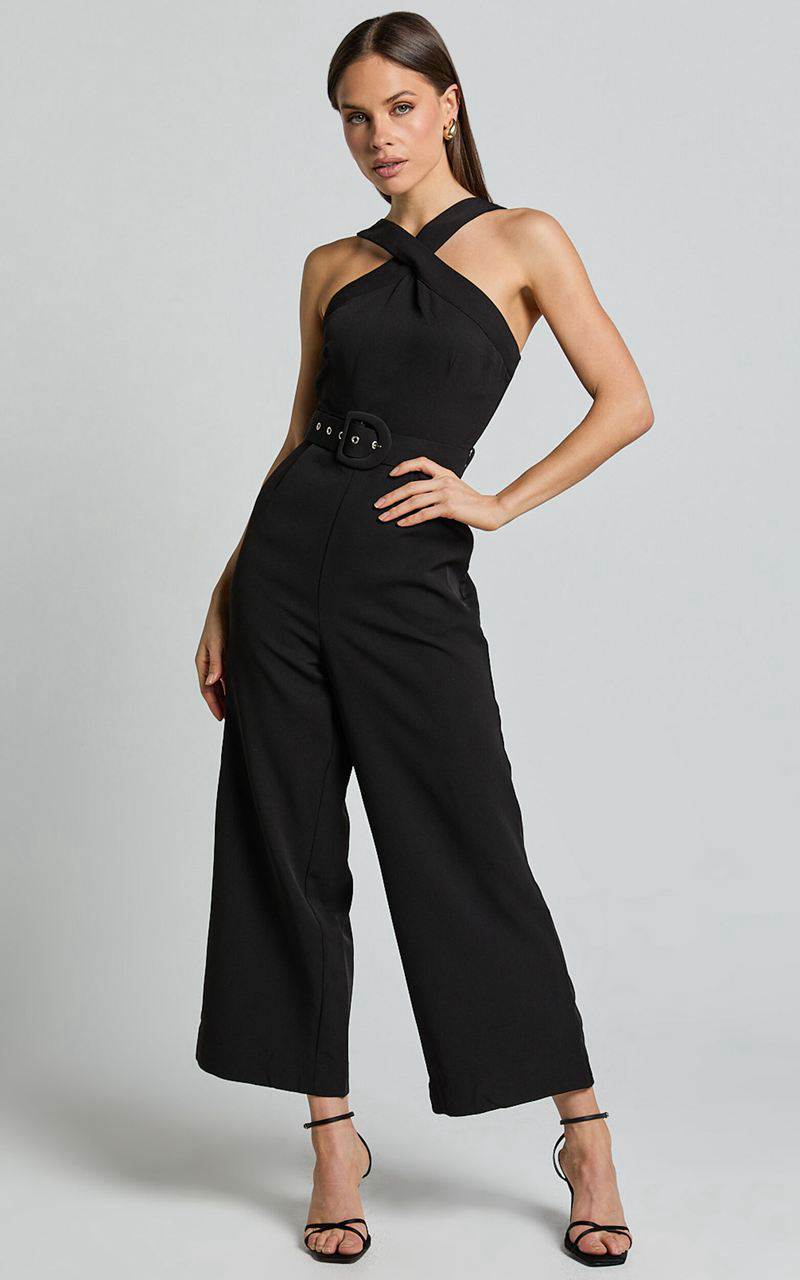 Showpo Tracy Jumpsuit - Diamond Neck Belted Straight Leg Jumpsuit Black | AMQKER247