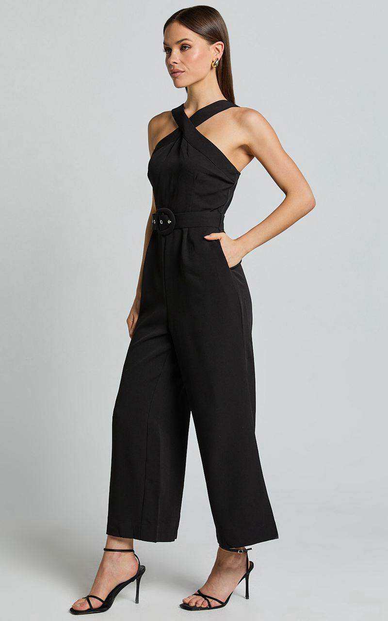 Showpo Tracy Jumpsuit - Diamond Neck Belted Straight Leg Jumpsuit Black | AMQKER247