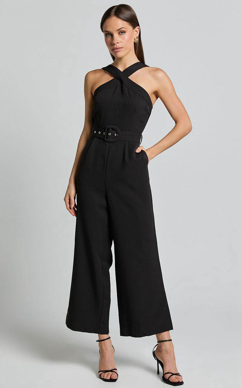 Showpo Tracy Jumpsuit - Diamond Neck Belted Straight Leg Jumpsuit Black | AMQKER247