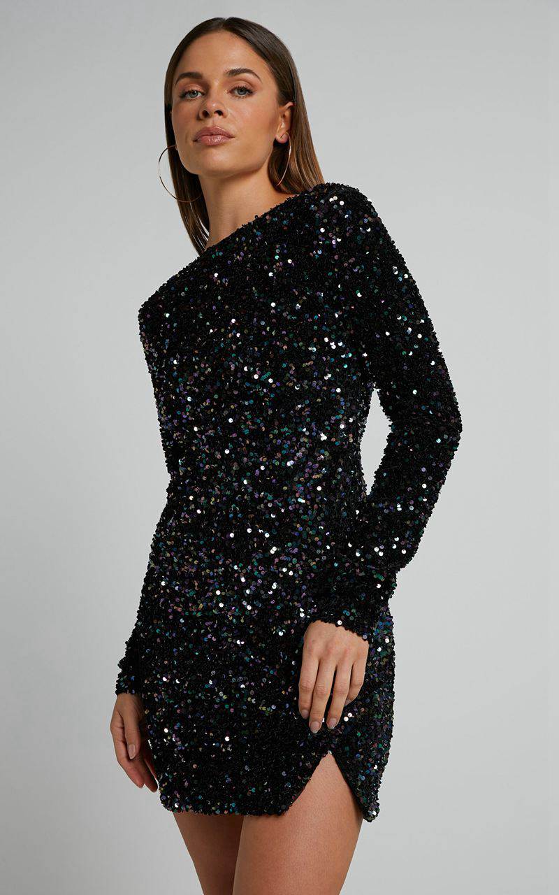 Showpo Tracy Mini Dress - Sequin Long Sleeve Backless Dress Black | JSDUMC182