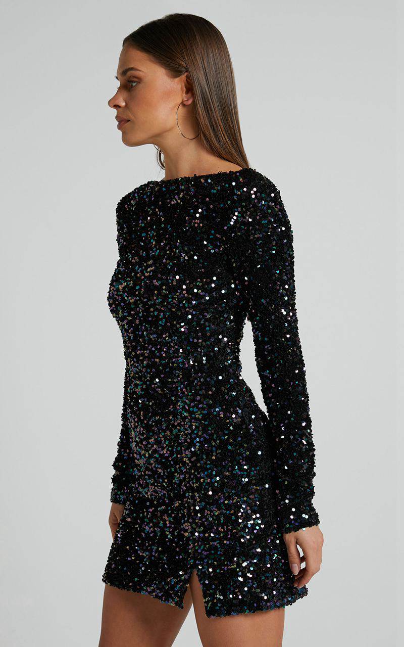 Showpo Tracy Mini Dress - Sequin Long Sleeve Backless Dress Black | JSDUMC182