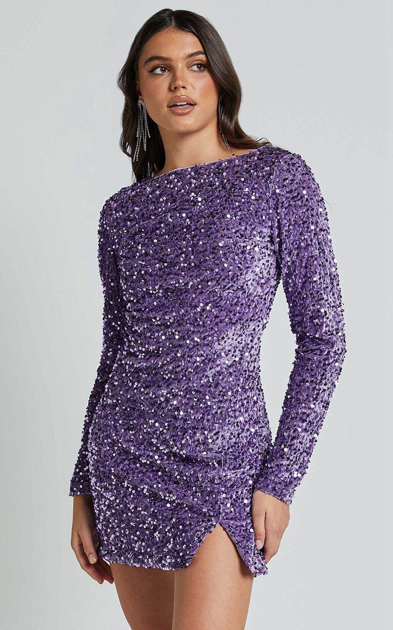 Showpo Tracy Mini Dress - Sequin Long Sleeve Backless Dress Purple | UFYXPH364