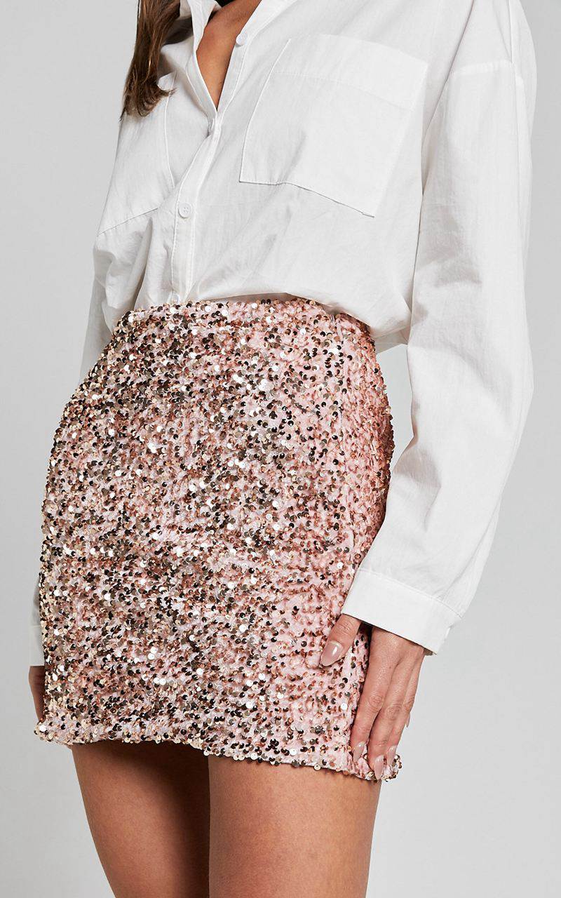 Showpo Tracy Mini Skirt - Bodycon Sequin Skirt Pink Fondant | ALJUBT284