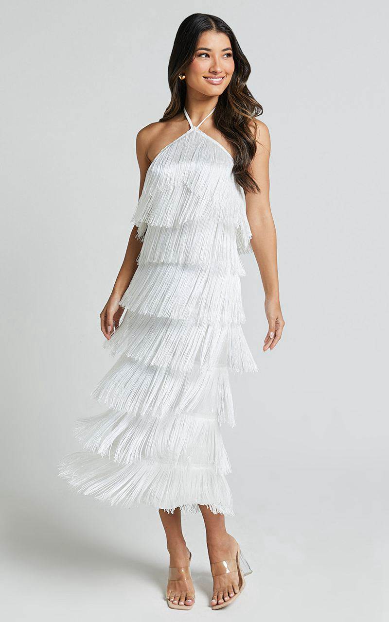 Showpo Trixie Maxi Dress - Diamond Halter Neck Fringe Tiered Dress White | FEULRT407