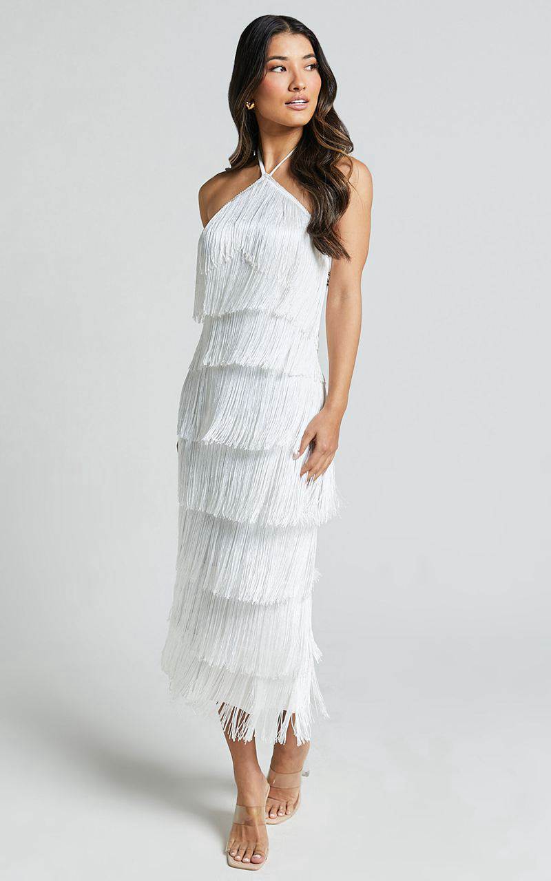 Showpo Trixie Maxi Dress - Diamond Halter Neck Fringe Tiered Dress White | FEULRT407