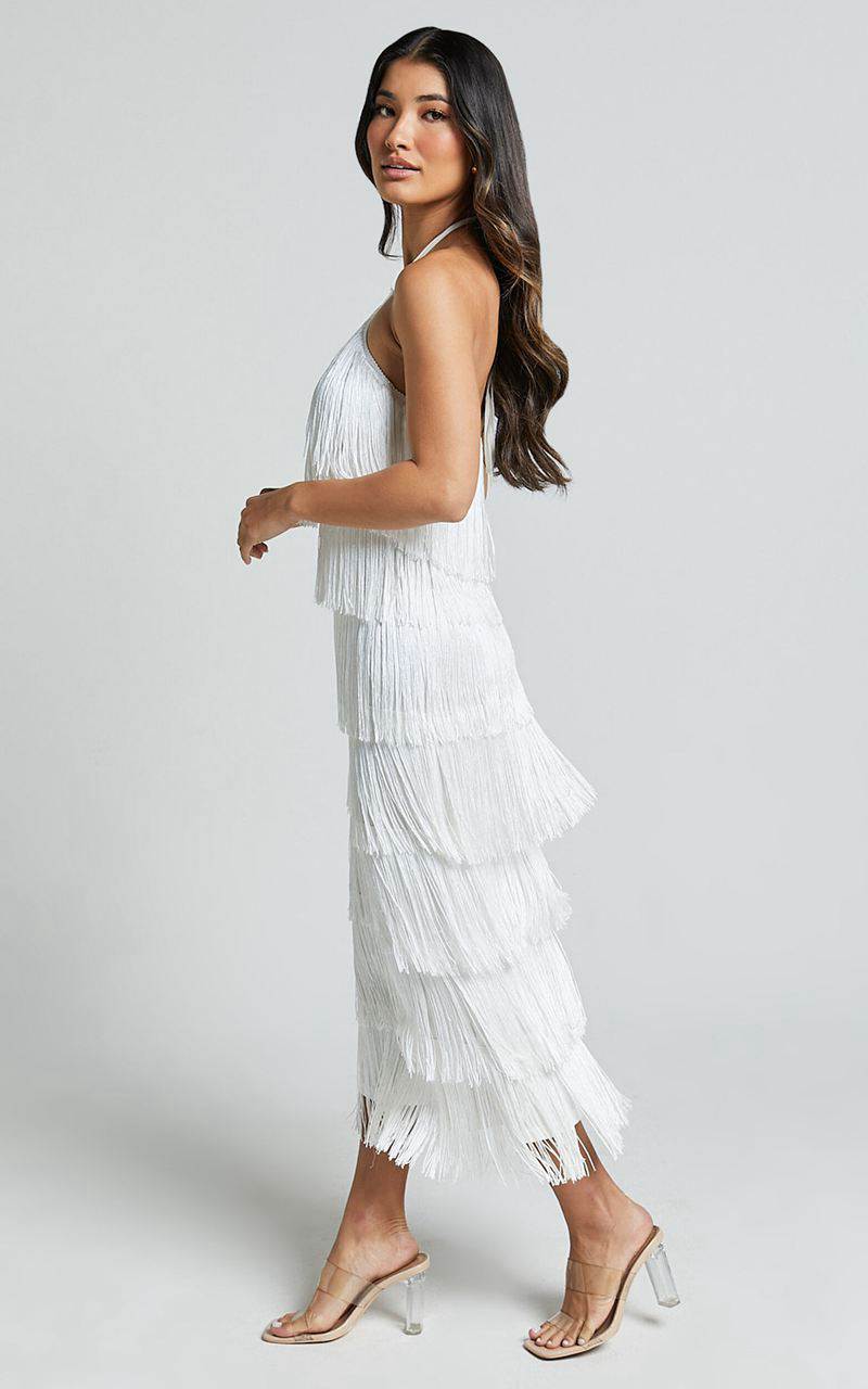 Showpo Trixie Maxi Dress - Diamond Halter Neck Fringe Tiered Dress White | FEULRT407