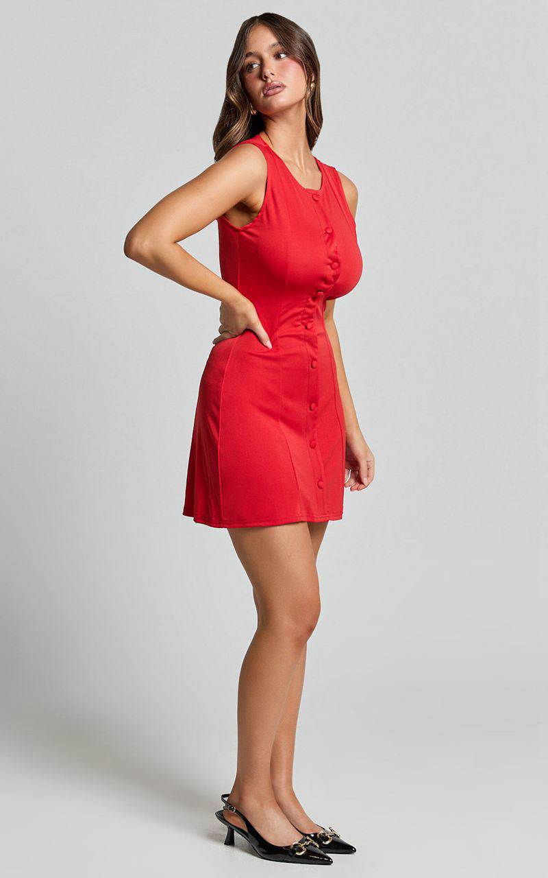 Showpo Trixie Mini Dress - High Neck Button Up A Line Dress Red | ZUOCXM840