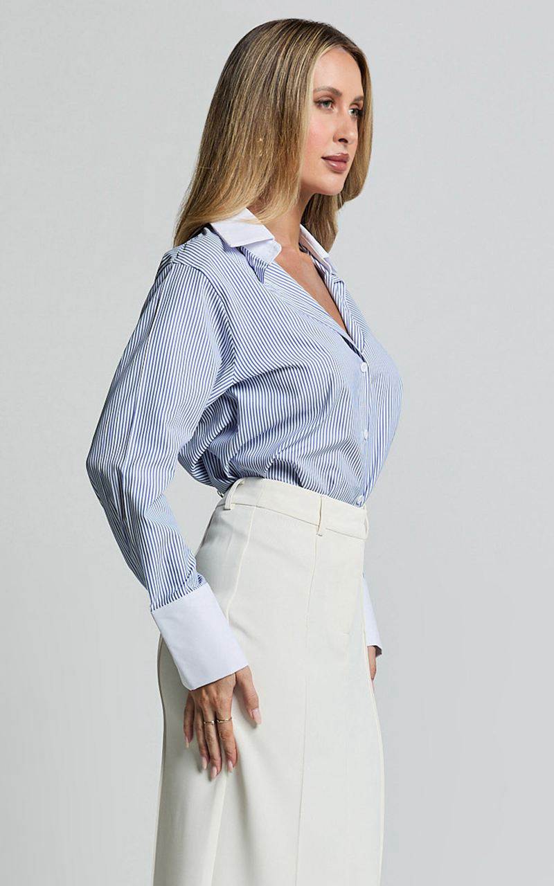 Showpo Trixie Shirt - Striped White Cuff & Collar Detail Button Up Shirt Blue Stripe | VZDMJE560