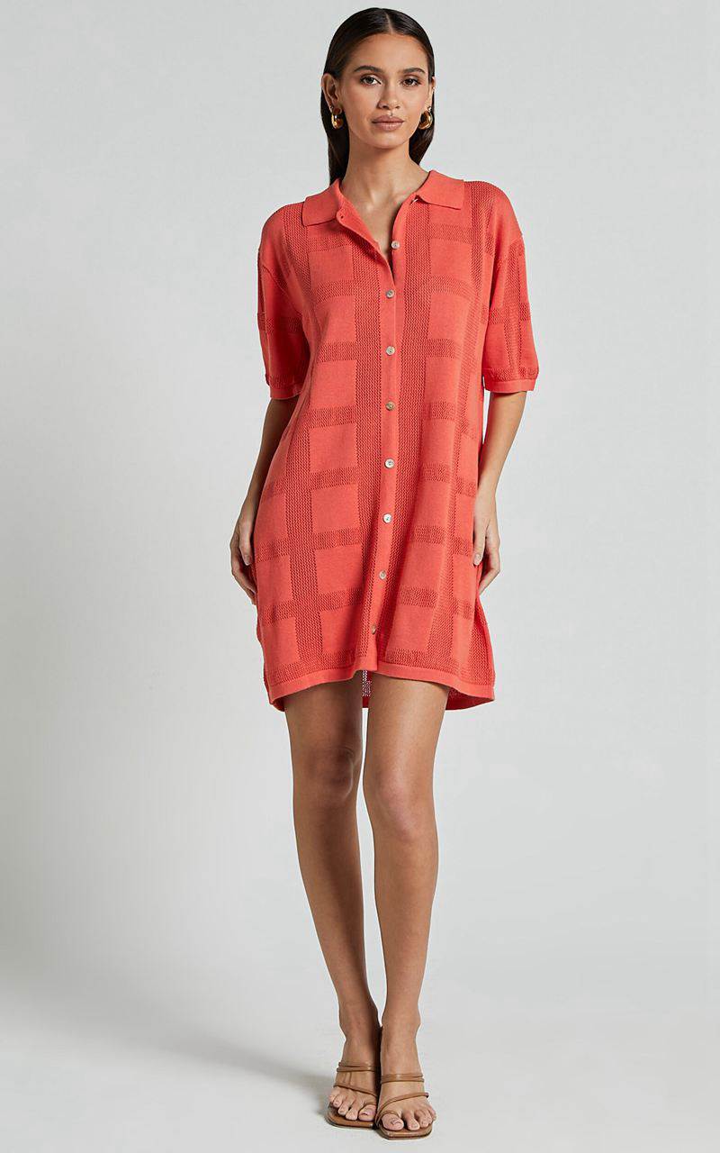 Showpo Tully Mini Dress - Knitted Button Through Shift Dress Coral | TZDLCB309