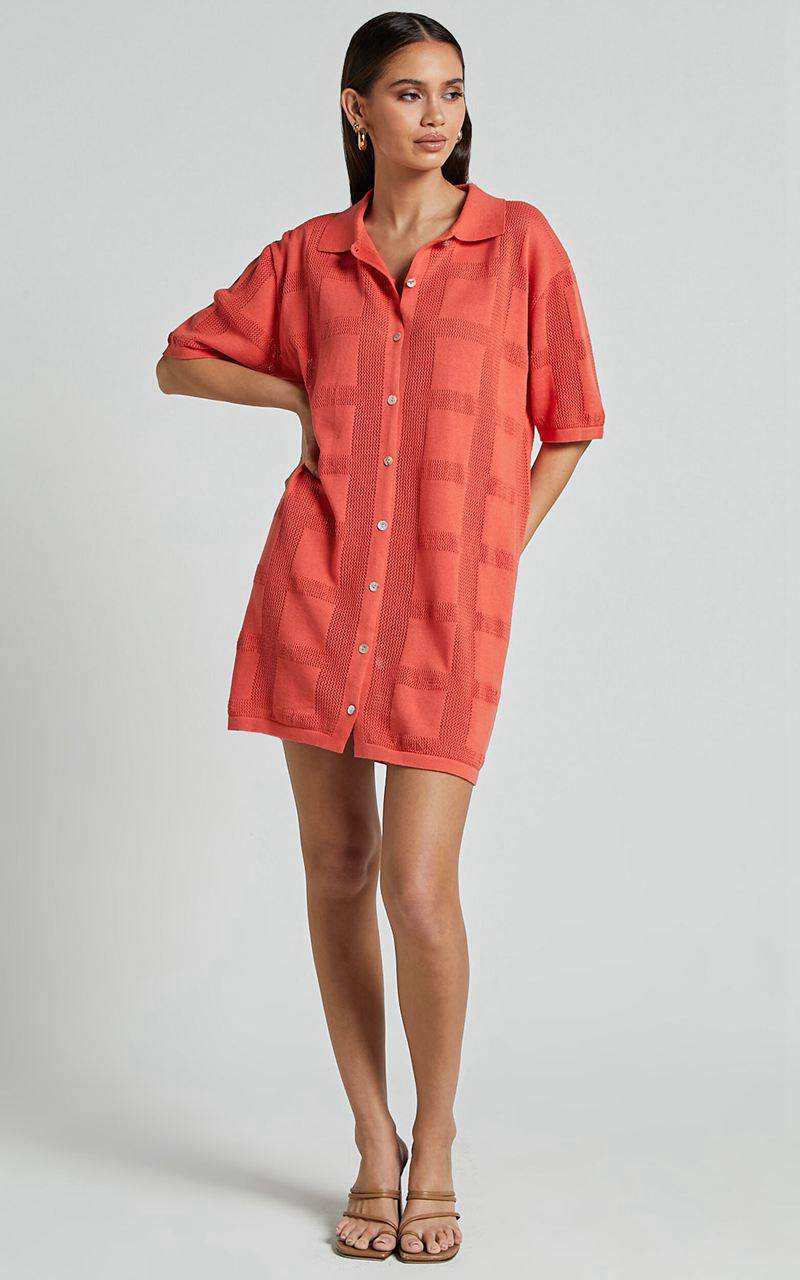 Showpo Tully Mini Dress - Knitted Button Through Shift Dress Coral | TZDLCB309