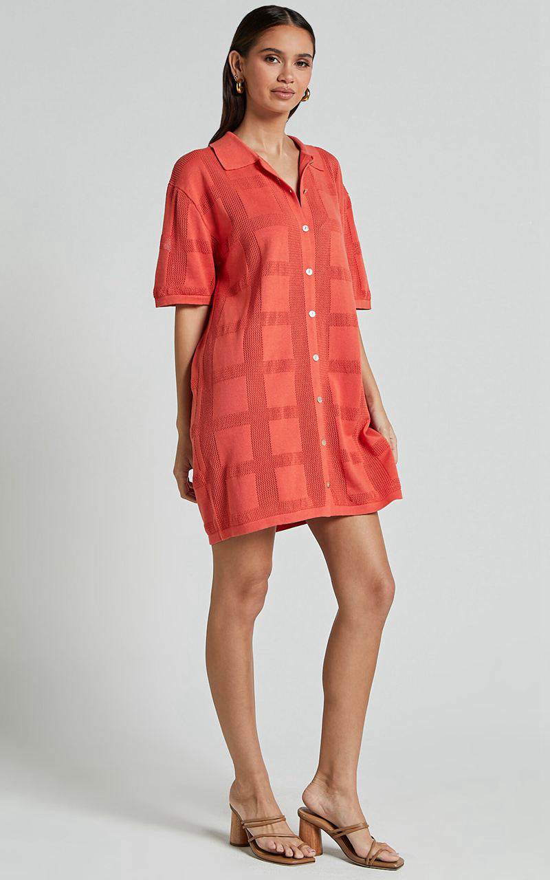 Showpo Tully Mini Dress - Knitted Button Through Shift Dress Coral | TZDLCB309