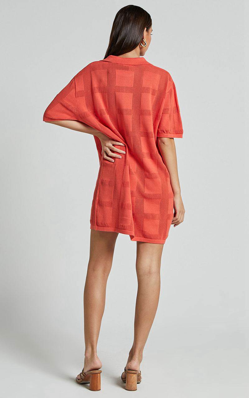 Showpo Tully Mini Dress - Knitted Button Through Shift Dress Coral | TZDLCB309